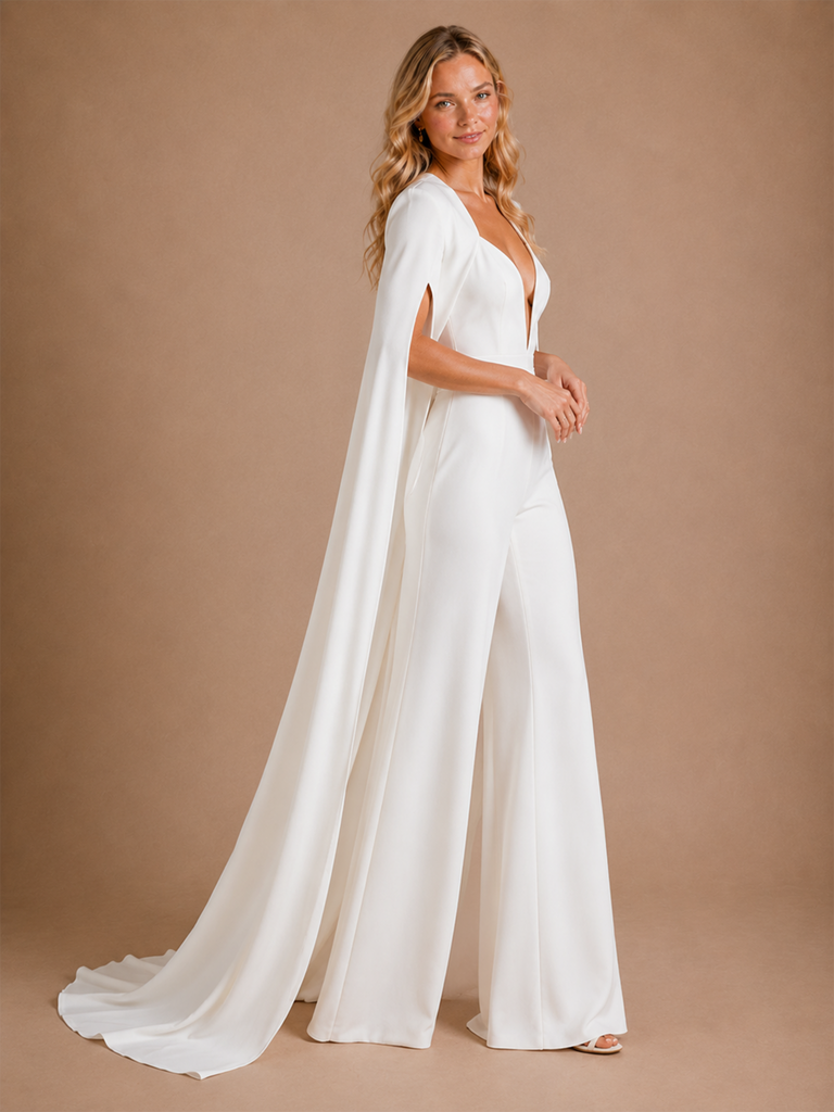 ChicSew Elegant Deep V-Neck Long Sleeves Open Back Crepe Long Wedding Jumpsuit