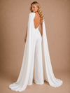 ChicSew Elegant Deep V-Neck Long Sleeves Open Back Crepe Long Wedding Jumpsuit