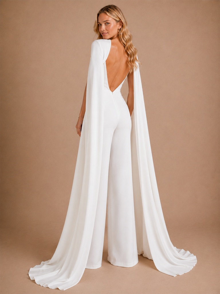 ChicSew Elegant Deep V-Neck Long Sleeves Open Back Crepe Long Wedding Jumpsuit