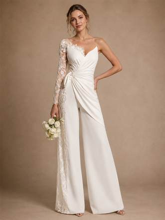 ChicSew One Shoulder V-Neck Ruched Crepe Lace Long Sleeve Wedding Jumpsuit