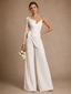 ChicSew One Shoulder V-Neck Ruched Crepe Lace Long Sleeve Wedding Jumpsuit