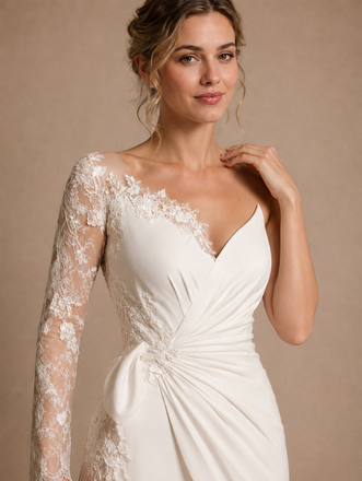 ChicSew One Shoulder V-Neck Ruched Crepe Lace Long Sleeve Wedding Jumpsuit