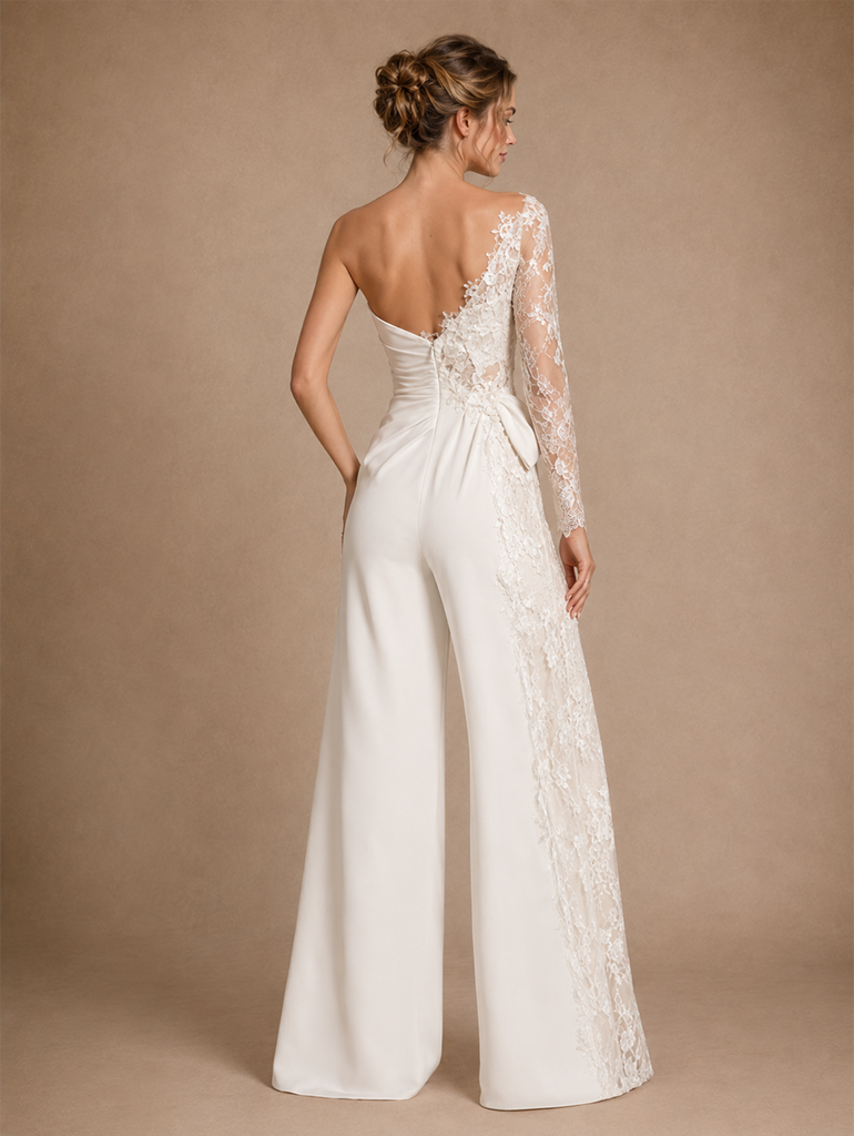 ChicSew One Shoulder V-Neck Ruched Crepe Lace Long Sleeve Wedding Jumpsuit