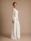 ChicSew One Shoulder V-Neck Ruched Crepe Lace Long Sleeve Wedding Jumpsuit