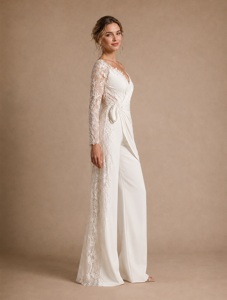 ChicSew One Shoulder V-Neck Ruched Crepe Lace Long Sleeve Wedding Jumpsuit