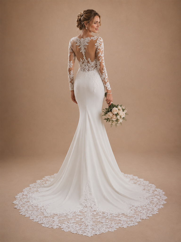 ChicSew Lace Illusion Long Sleeves Mermaid Floor-Length Wedding Dresses With Train