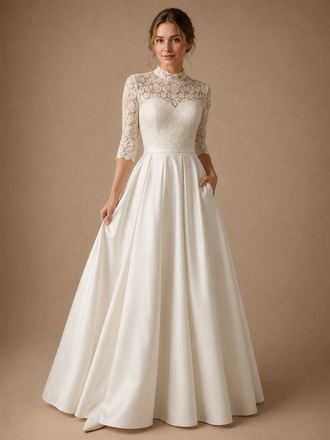 ChicSew High Neck 3/4 Sleeves Lace Strapless Satin A-Line Long Wedding Dress