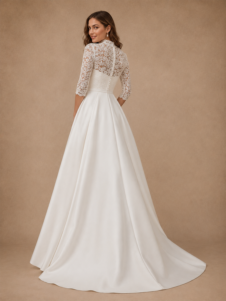 ChicSew High Neck 3/4 Sleeves Lace Strapless Satin A-Line Long Wedding Dress