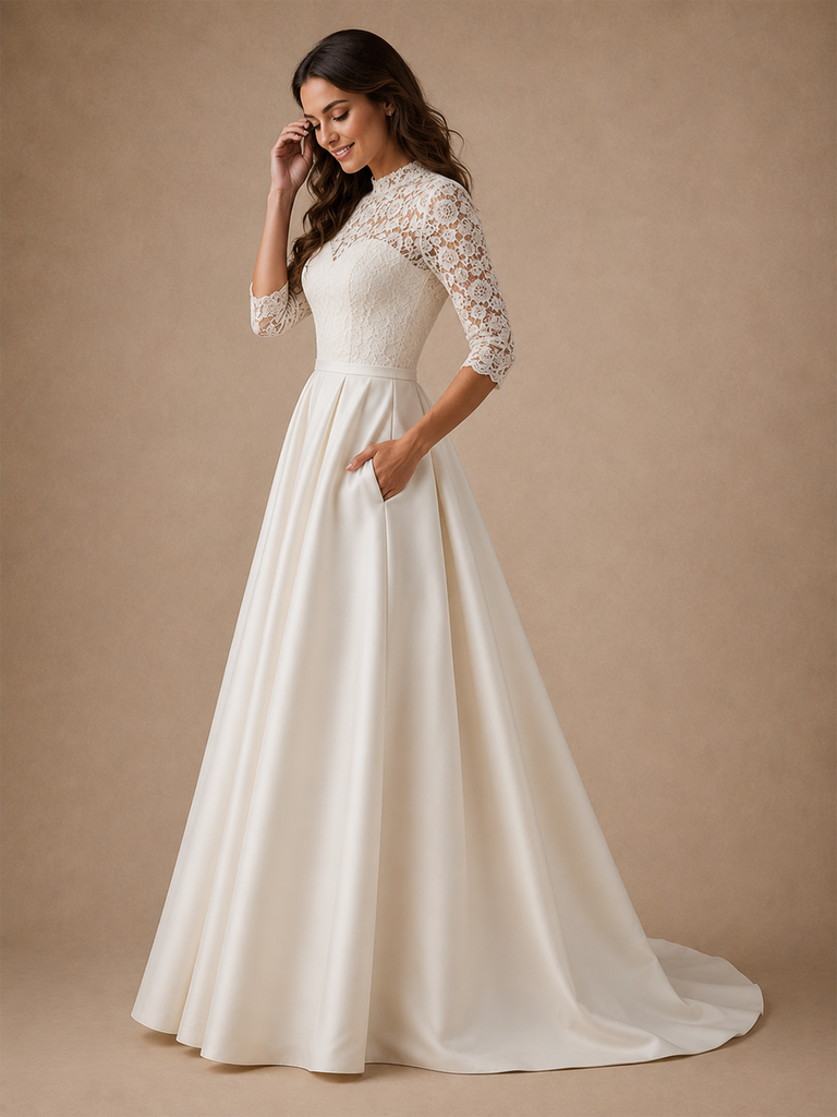 ChicSew High Neck 3/4 Sleeves Lace Strapless Satin A-Line Long Wedding Dress