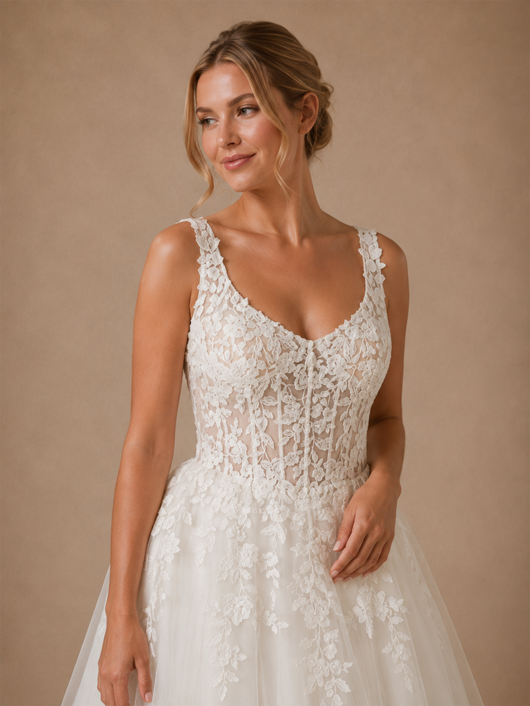 ChicSew Elegant V-Neck Spaghetti Straps Sleeveless Lace Tulle A-Line Long Wedding Dresses