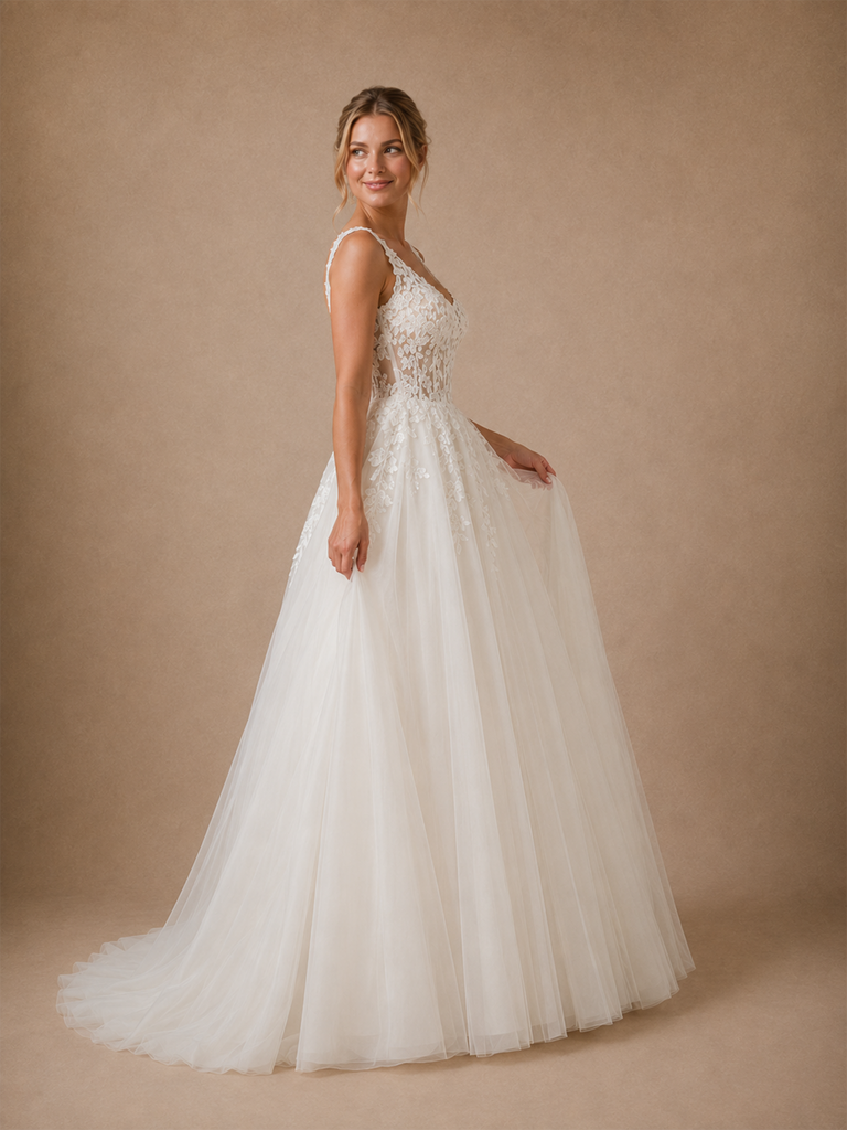 ChicSew Elegant V-Neck Spaghetti Straps Sleeveless Lace Tulle A-Line Long Wedding Dresses