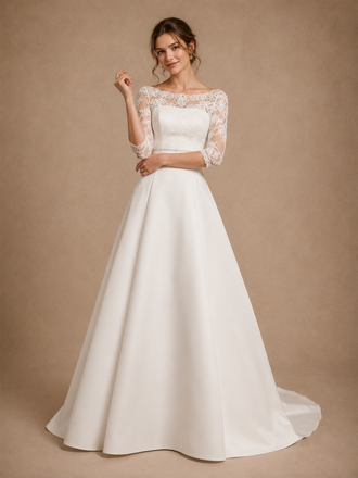 ChicSew Elegant Bateau 3/4 Sleeves Lace Satin A-Line Floor-Length Wedding Dresses With Train