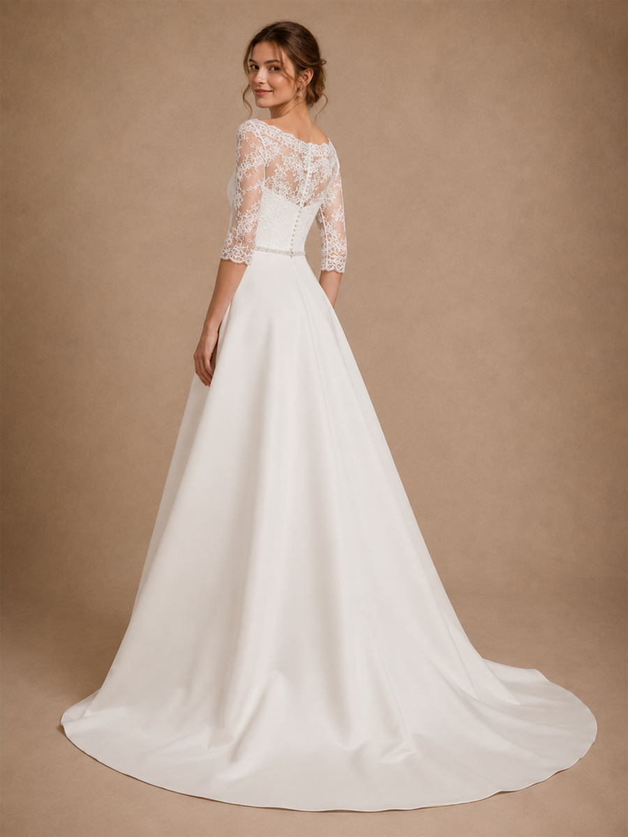 ChicSew Elegant Bateau 3/4 Sleeves Lace Satin A-Line Floor-Length Wedding Dresses With Train