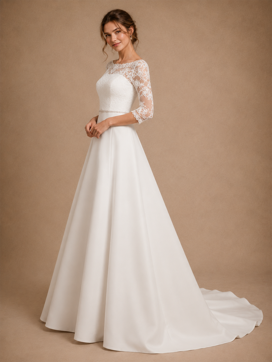 ChicSew Elegant Bateau 3/4 Sleeves Lace Satin A-Line Floor-Length Wedding Dresses With Train