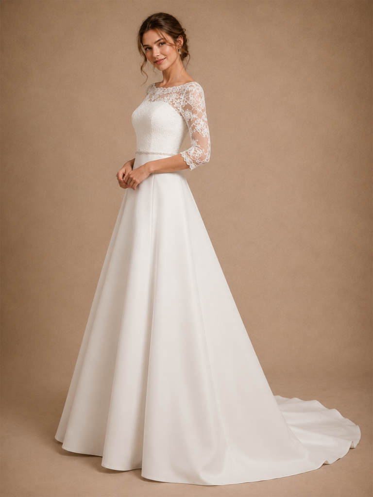 ChicSew Elegant Bateau 3/4 Sleeves Lace Satin A-Line Floor-Length Wedding Dresses With Train