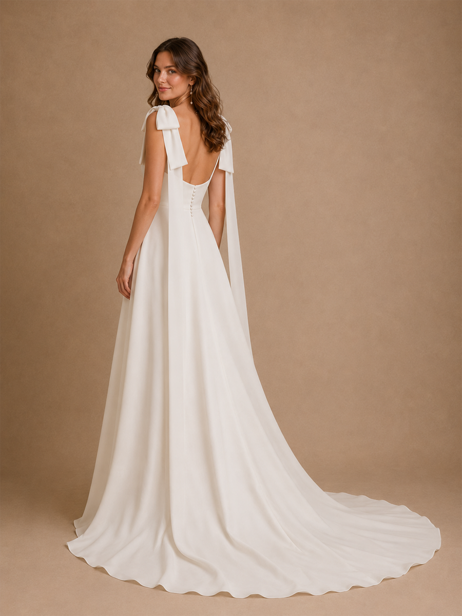 ChicSew Spaghetti Straps Square Bow Knot Satin A-Line Wedding Dresses Online