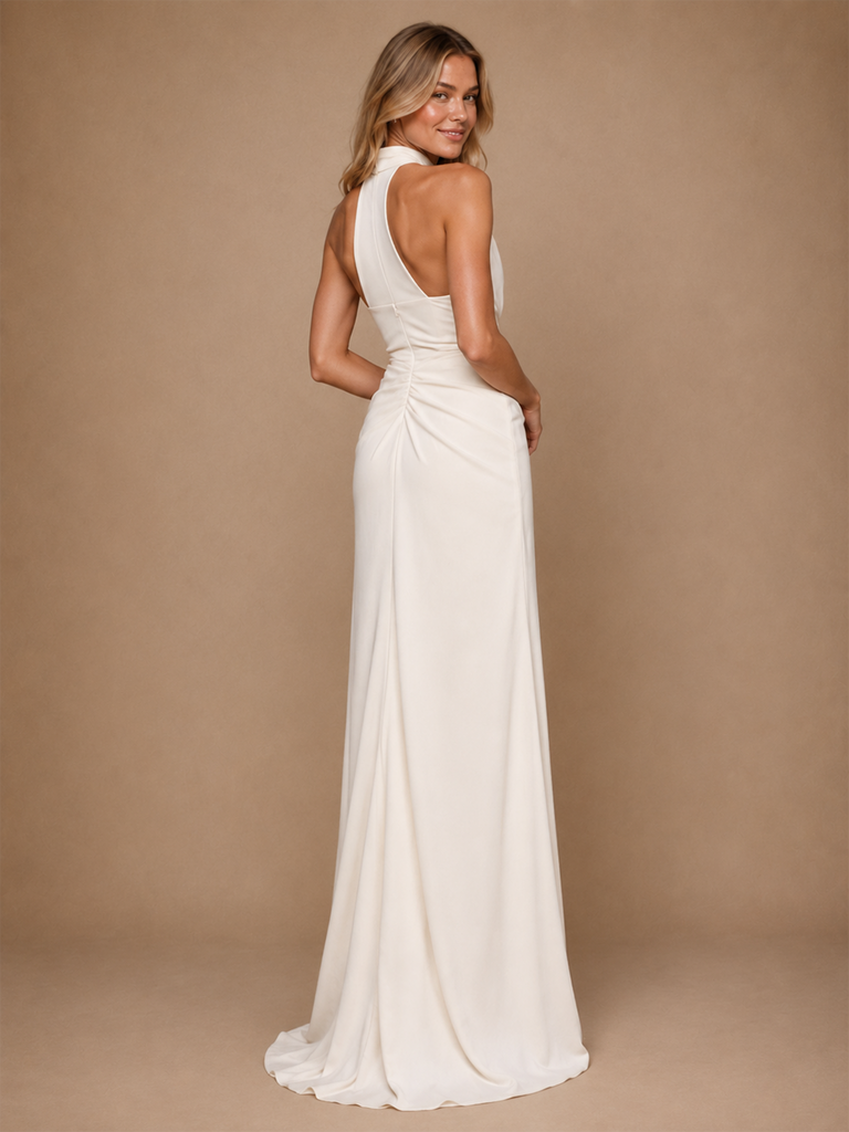 ChicSew High Neck Sleeveless Ruching Mermaid Floor-Length Wedding Dress With Side Slit