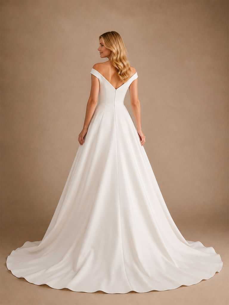 ChicSew Elegant V-Neck A-line Off Shoulder Satin Wedding Dresses With Train