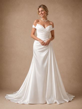 ChicSew Classic Off Shoulder V-Neck Ruching Sleeveless Satin Mermaid Floor-Length Wedding Dresses