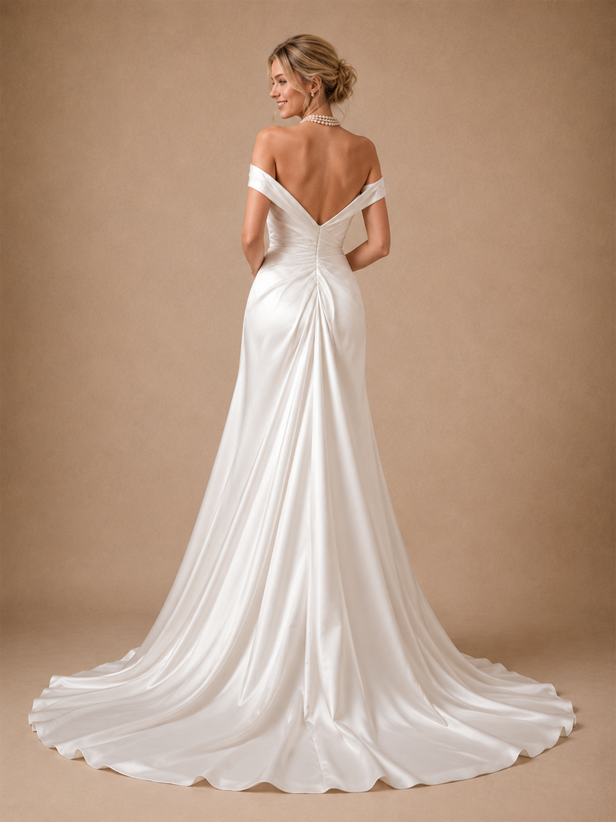 ChicSew Classic Off Shoulder V-Neck Ruching Sleeveless Satin Mermaid Floor-Length Wedding Dresses