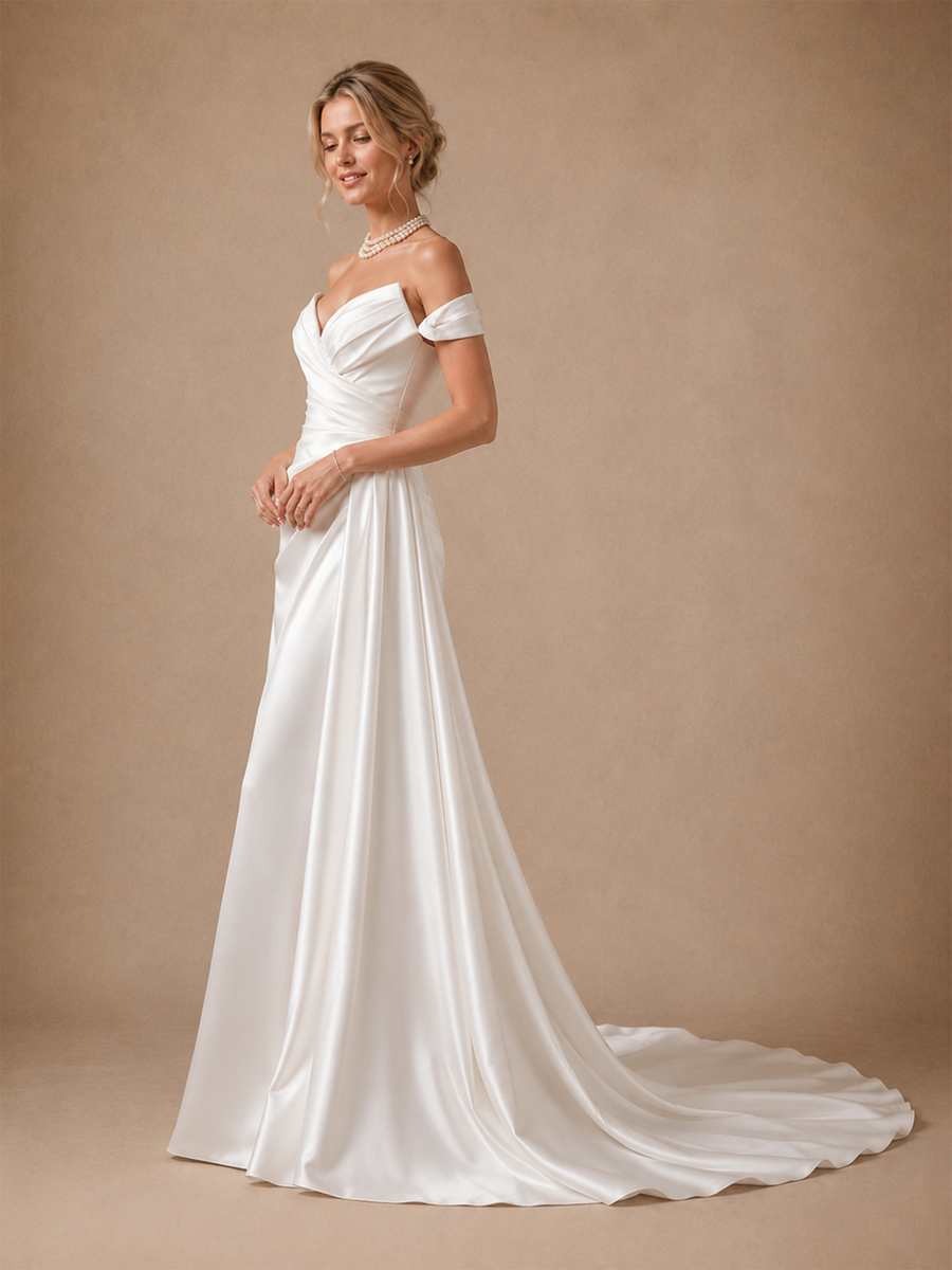 ChicSew Classic Off Shoulder V-Neck Ruching Sleeveless Satin Mermaid Floor-Length Wedding Dresses