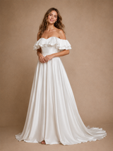 ChicSew Unique A-Line Off The Shoulder Satin Long Wedding Dresses With Beading