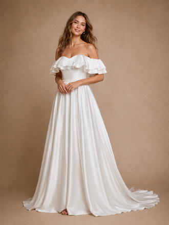 ChicSew Unique A-Line Off The Shoulder Satin Long Wedding Dresses With Beading