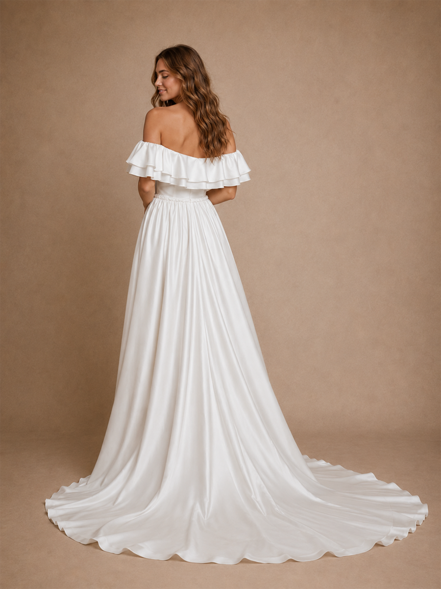 ChicSew Unique A-Line Off The Shoulder Satin Long Wedding Dresses With Beading