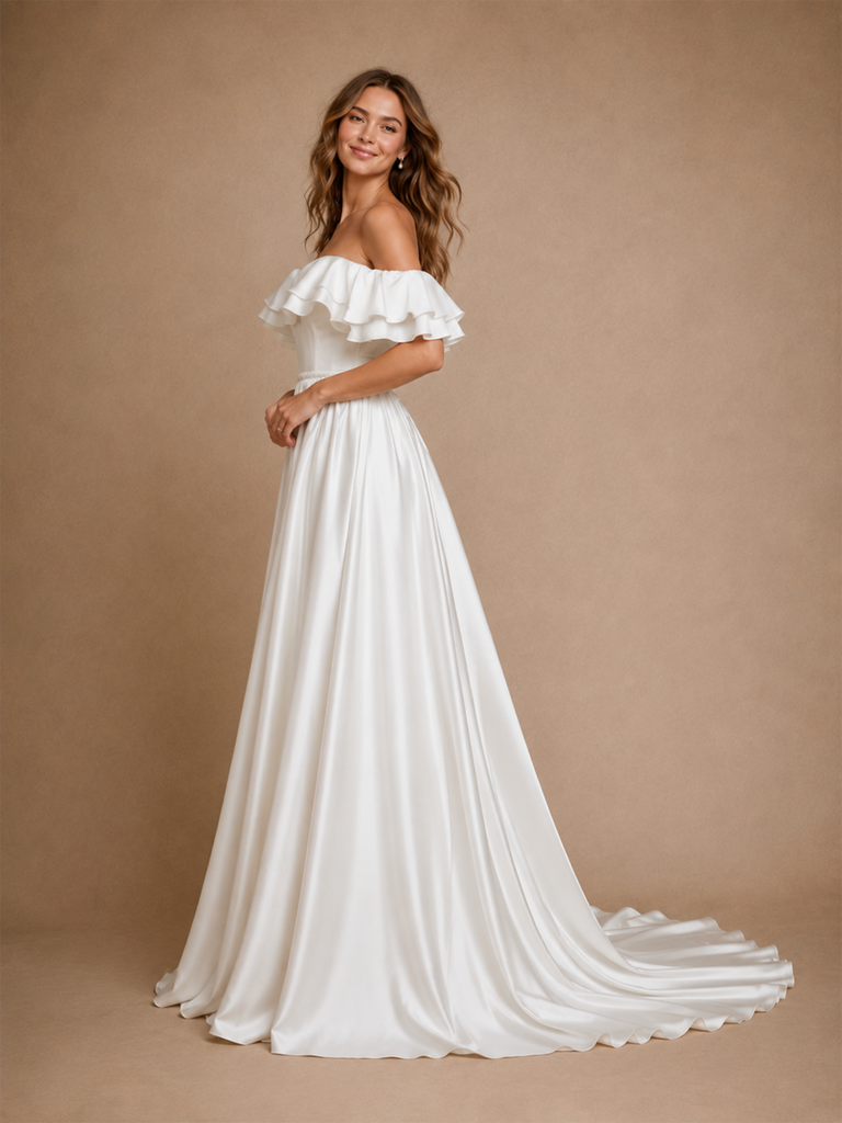 ChicSew Unique A-Line Off The Shoulder Satin Long Wedding Dresses With Beading