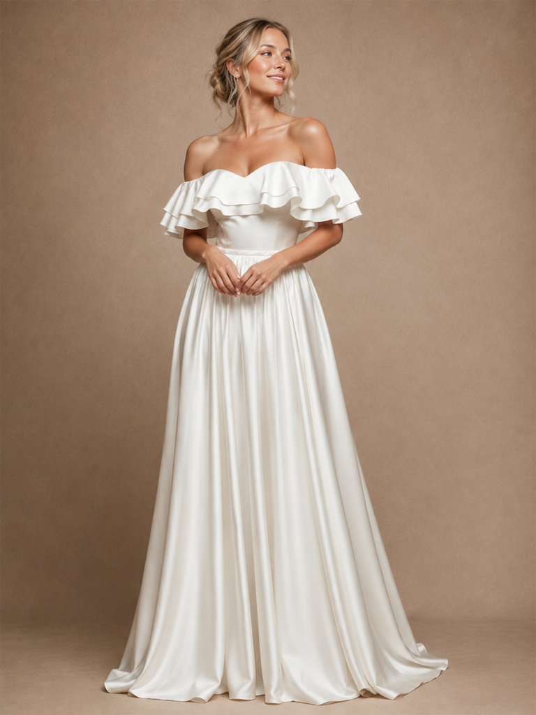 ChicSew Modern Off The Shoulder Sleeveless A-Line Satin Floor-Length Wedding Dresses