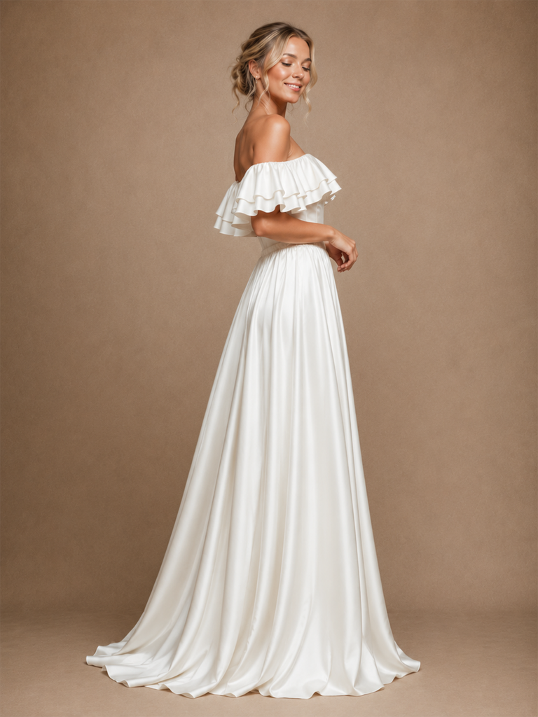 ChicSew Modern Off The Shoulder Sleeveless A-Line Satin Floor-Length Wedding Dresses