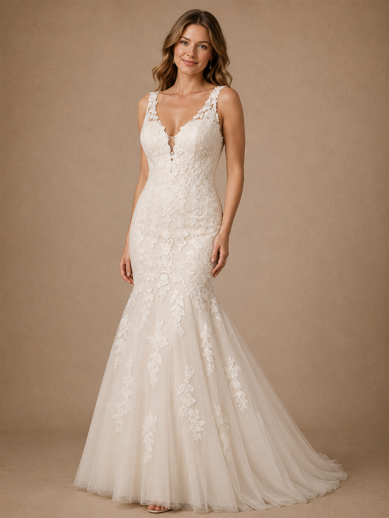 ChicSew Morden V-Neck Spaghetti Straps Lace Mermaid Floor-Length Wedding Dress
