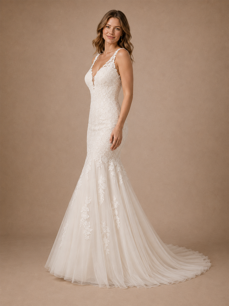 ChicSew Morden V-Neck Spaghetti Straps Lace Mermaid Floor-Length Wedding Dress