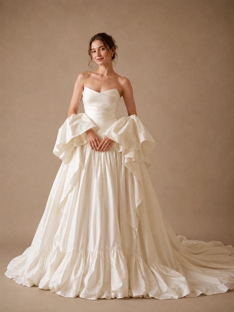 ChicSew Strapless Sweetheart Satin Wedding Dress Detachable Puff Flutter Sleeves A‑Line With Train