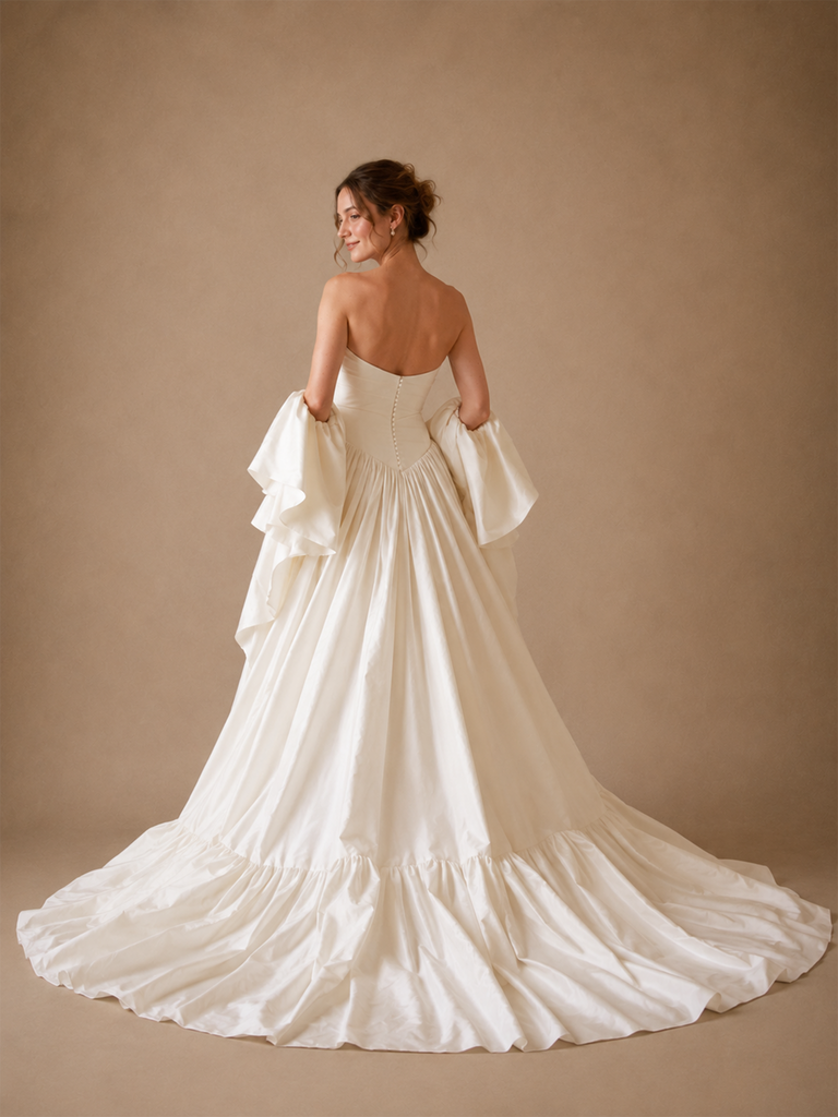 ChicSew Strapless Sweetheart Satin Wedding Dress Detachable Puff Flutter Sleeves A‑Line With Train
