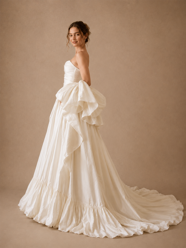ChicSew Strapless Sweetheart Satin Wedding Dress Detachable Puff Flutter Sleeves A‑Line With Train