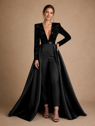 ChicSew Sexy Unique Deep V-Neck Long Sleeves Sequin Satin Wedding Jumpsuit With Overskirt