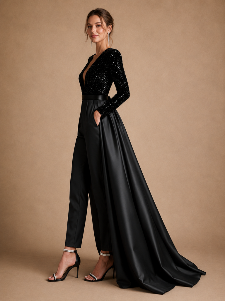 ChicSew Sexy Unique Deep V-Neck Long Sleeves Sequin Satin Wedding Jumpsuit With Overskirt