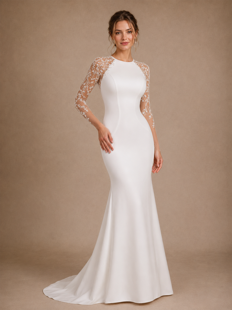 ChicSew Modern Long Lace Sleeves Satin Mermaid Floor-Length Wedding Dresses