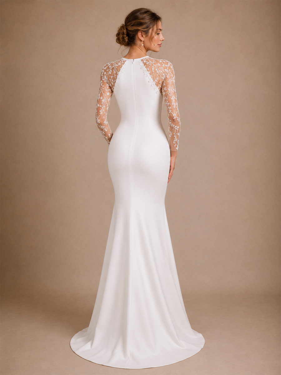 ChicSew Modern Long Lace Sleeves Satin Mermaid Floor-Length Wedding Dresses