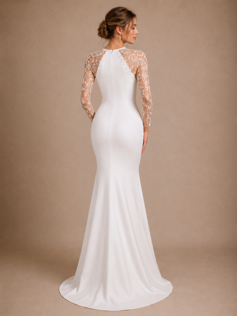 ChicSew Modern Long Lace Sleeves Satin Mermaid Floor-Length Wedding Dresses