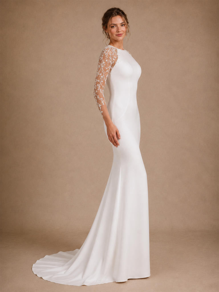 ChicSew Modern Long Lace Sleeves Satin Mermaid Floor-Length Wedding Dresses