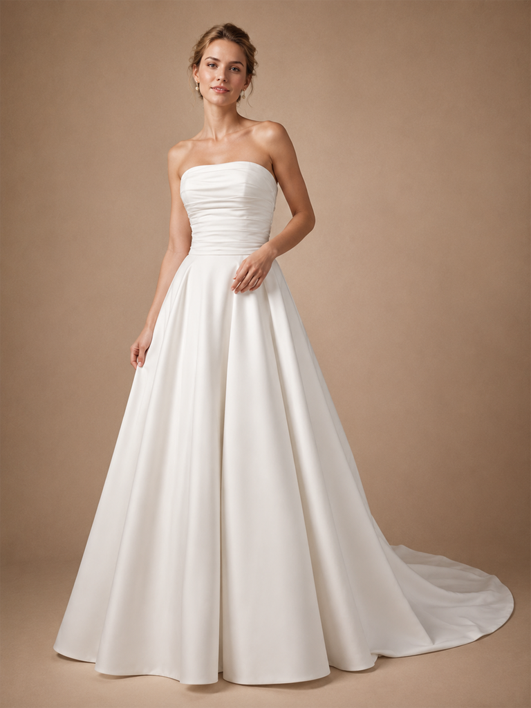 ChicSew Beautiful Strapless Ruched Satin A-Line Floor-Length Wedding Dress With Train