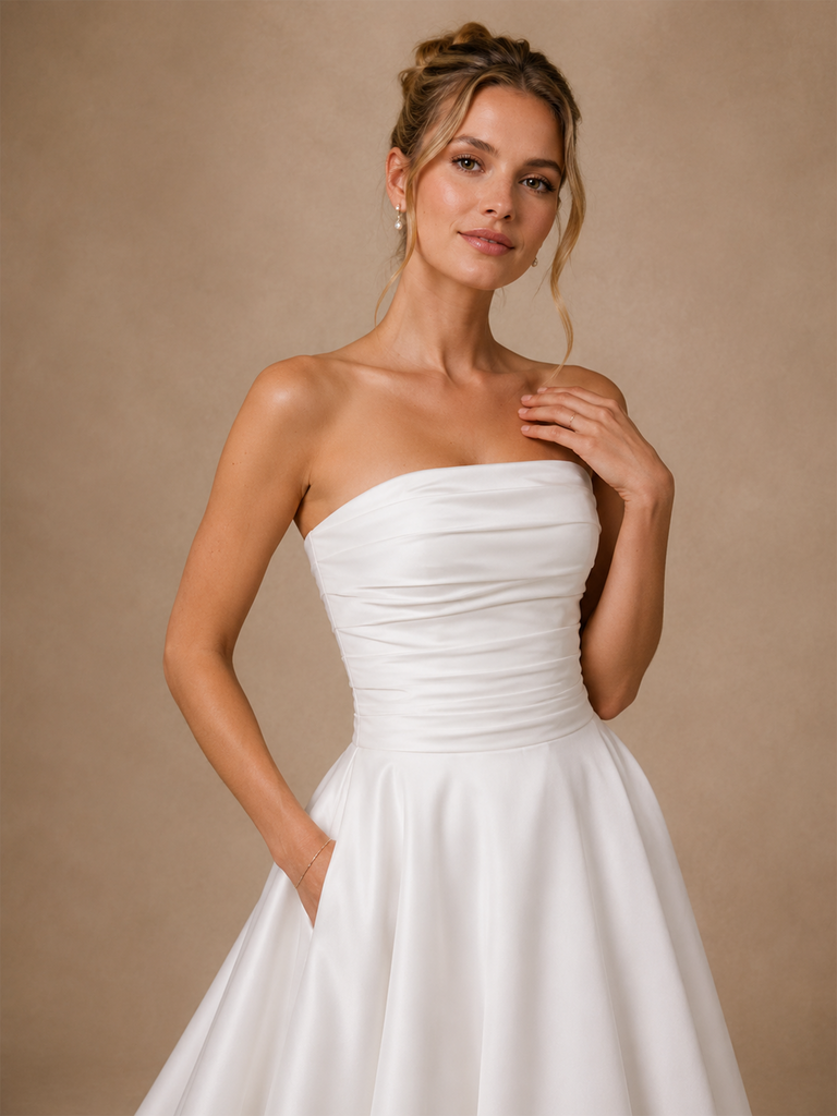 ChicSew Beautiful Strapless Ruched Satin A-Line Floor-Length Wedding Dress With Train
