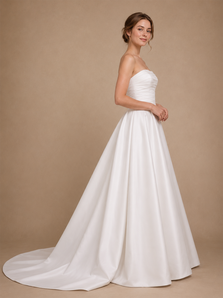 ChicSew Beautiful Strapless Ruched Satin A-Line Floor-Length Wedding Dress With Train