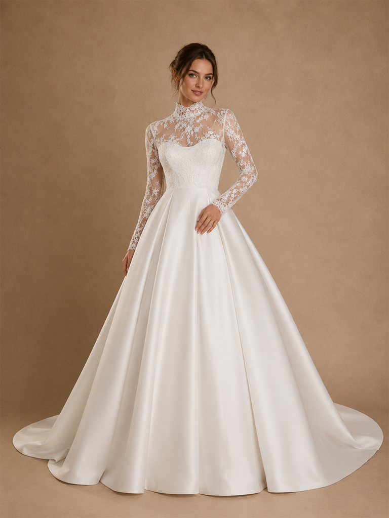ChicSew Beautiful High Neck Long Sleeves Lace Satin A-Line Floor-Length Wedding Dress