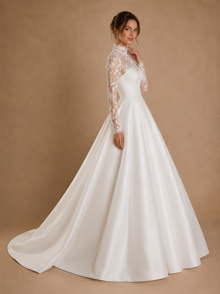 ChicSew Beautiful High Neck Long Sleeves Lace Satin A-Line Floor-Length Wedding Dress