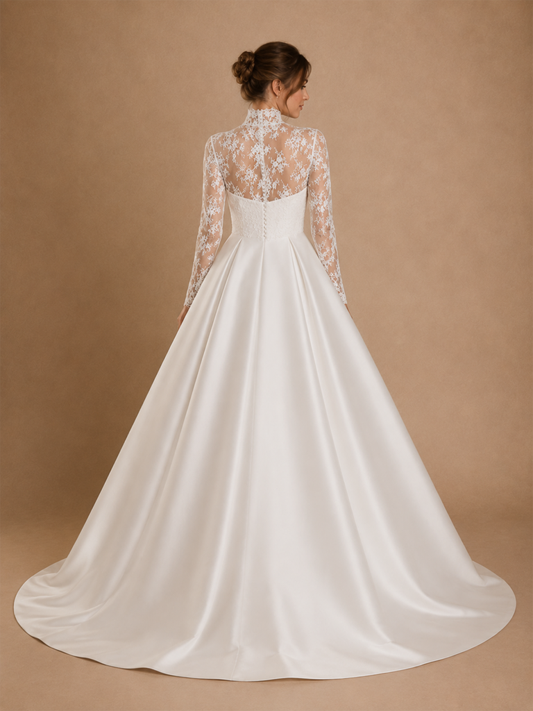 ChicSew Beautiful High Neck Long Sleeves Lace Satin A-Line Floor-Length Wedding Dress