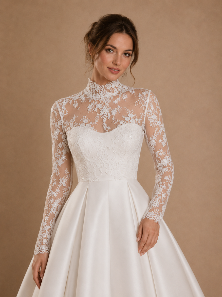 ChicSew Beautiful High Neck Long Sleeves Lace Satin A-Line Floor-Length Wedding Dress