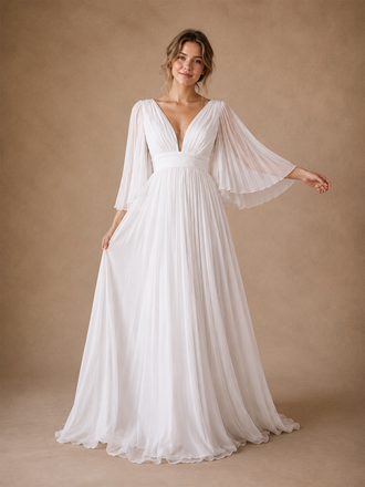 ChicSew Fancy V-Neck 3/4 Sleeves A-Line Pleated Chiffon Floor-Length Wedding Dress